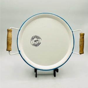 Enamelware tray with wood handles